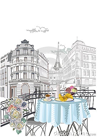 Series of street views with cafes in Paris. Architectural background with historic buildings. Vector Illustration